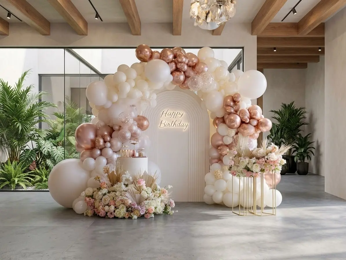 Arco de globos en crema y oro rosa ante una hornacina en arco con arreglos florales