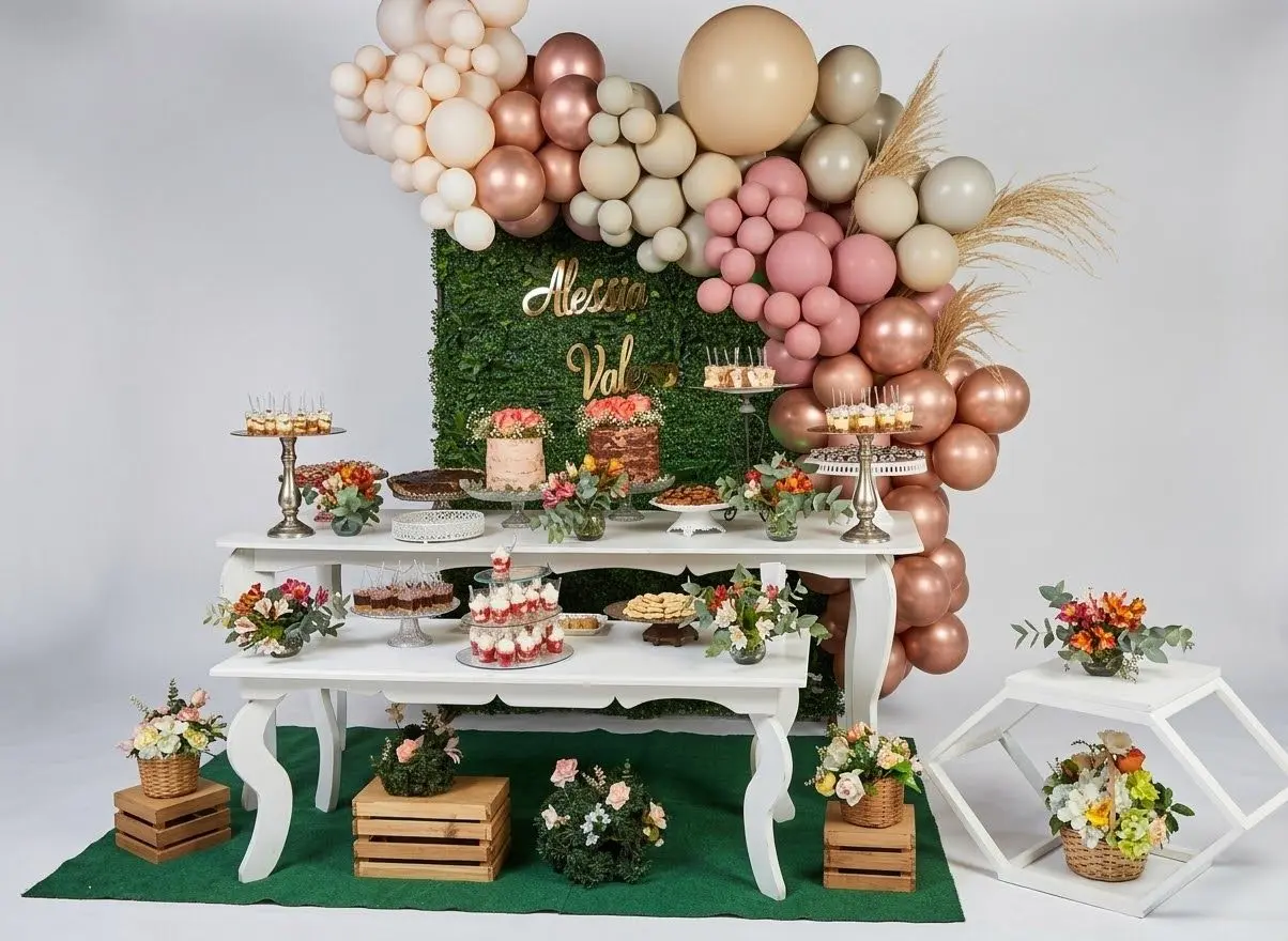 Mesa dulce con guirnalda de globos en rosa y beige